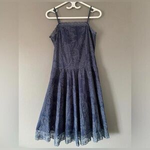 Vintage Eyelet Midi Dress Navy Lace Trim Cottagecore Romantic